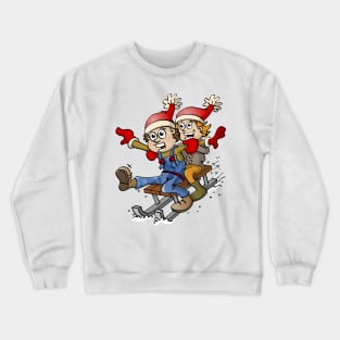 Winter illustration - A boy and a girl playing in the snow on a sledge Crewneck Sweatshirt